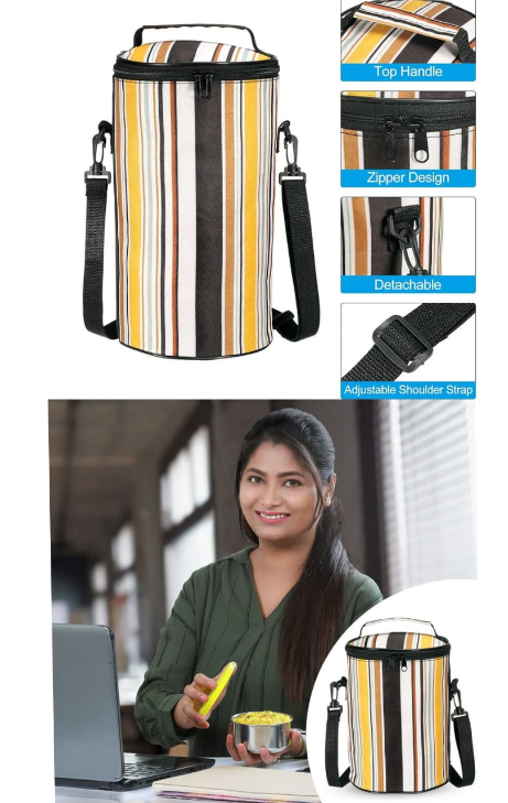 Portable Insulation Bag Ice Bunny Round Striped Zipper Lunch Box Bag