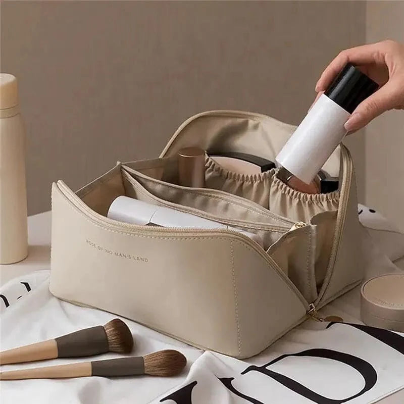 Large Capacity Travel Cosmetic Bag PU Leather Makeup Organizer with Handle & Multi-Compartments