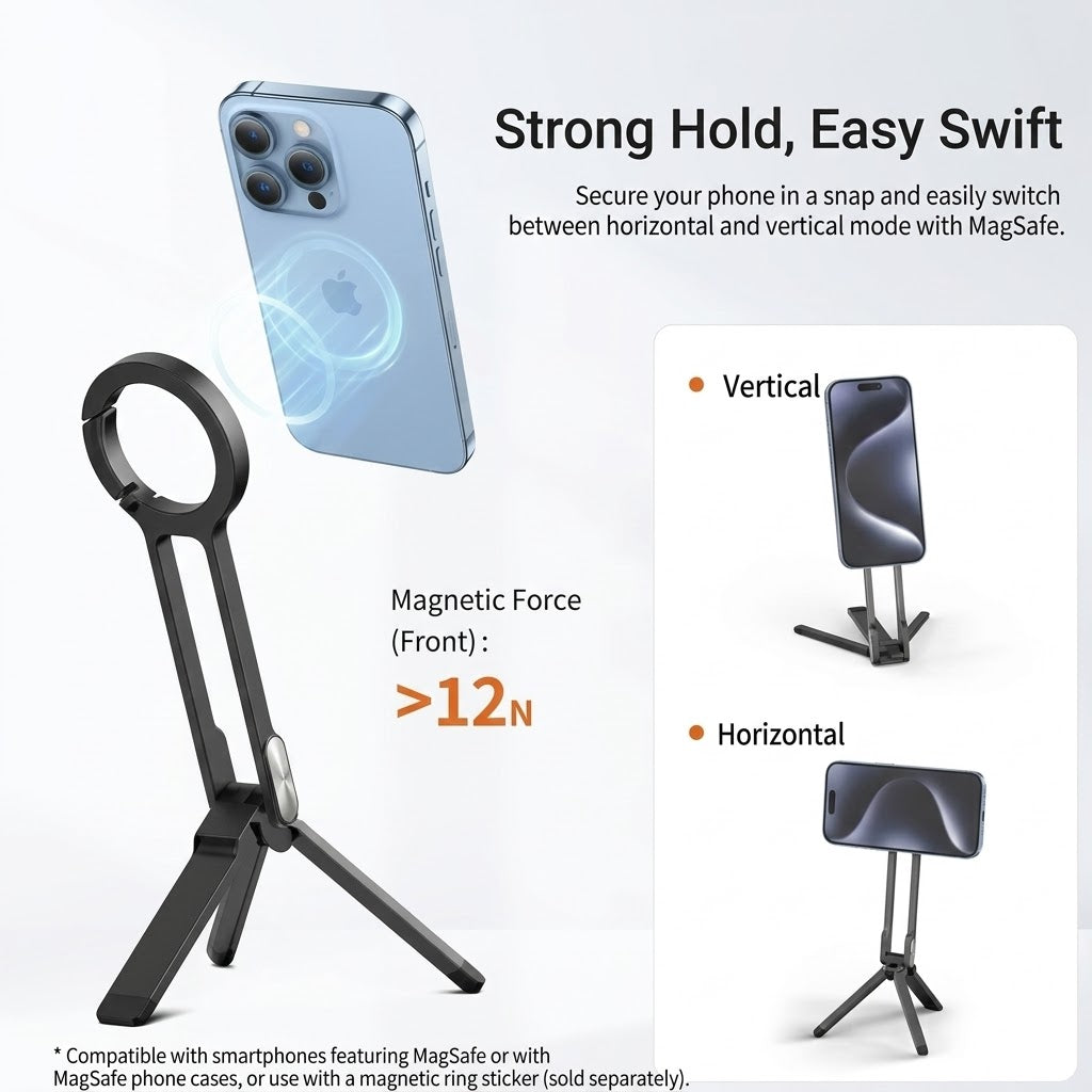Magnetic Tripod Stand for iPhone & Android | Strong MagSafe Compatible Phone Holder | 360° Rotation for Vertical & Horizontal Modes | Ultra-Stable Portable Desktop Stand