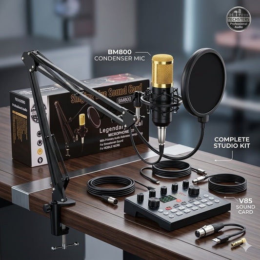 TECHSTERS BM800 V85 Condenser Microphone Bundle - Complete Studio Kit with Live Sound Card & Scissor Arm Stand