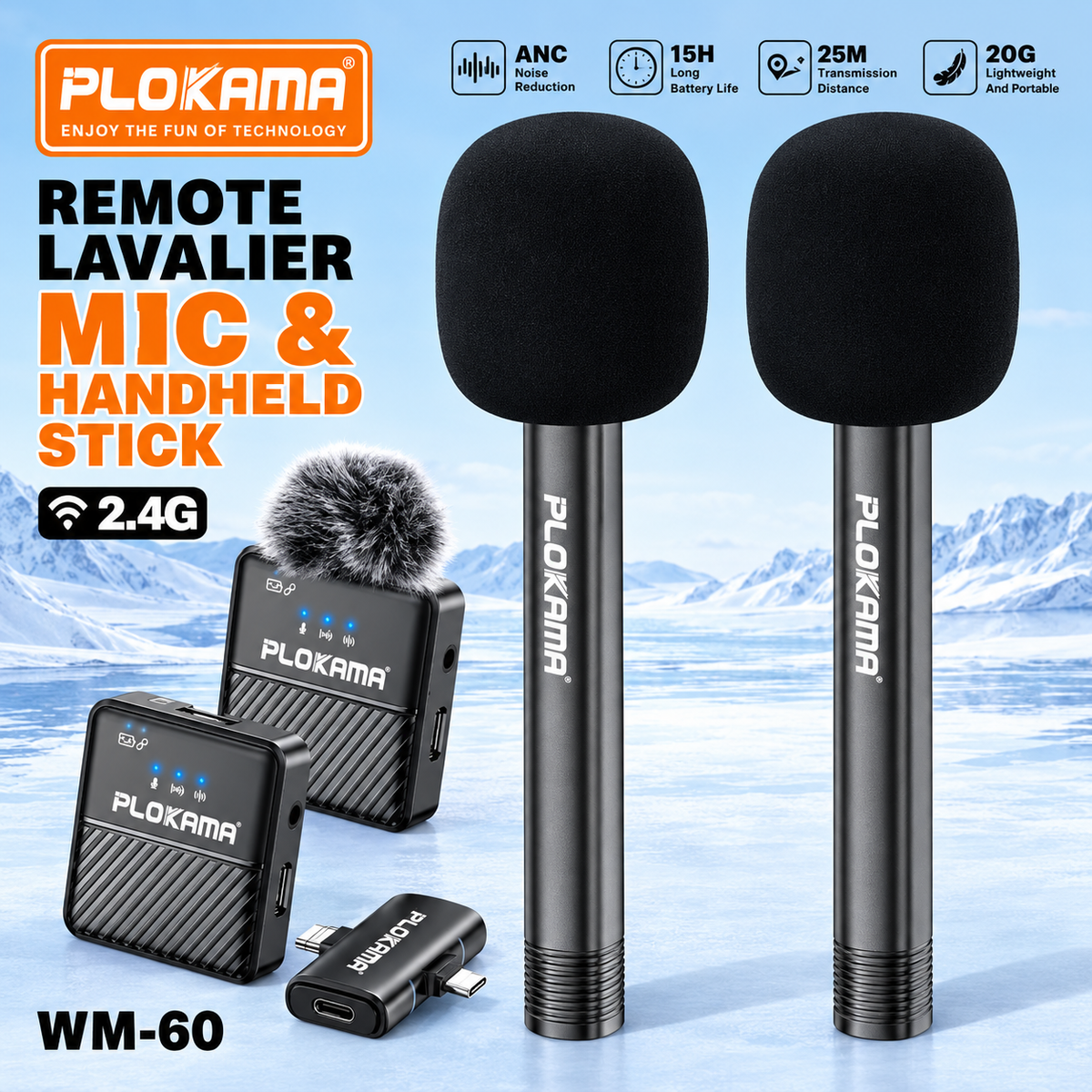 PLOKAMA WM60 Dual Wireless Lavalier Microphone - Noise Reduction Mic for Vlogging & Interviews