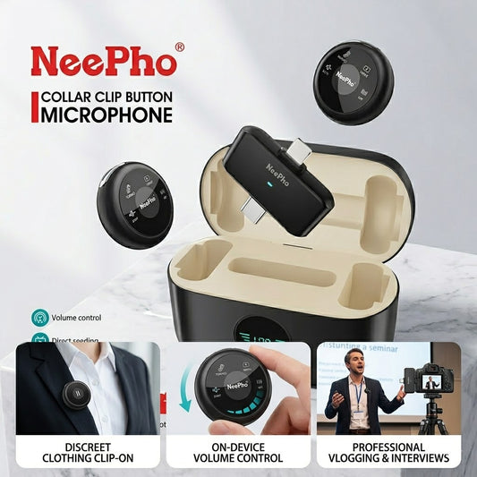 NeePho NP-57 Wireless Collar Clip Button Microphone | Professional Noise Reduction Dual Mic with Digital Charging Case | Plug & Play Mic for Vlogging, Interviews & Live Streaming