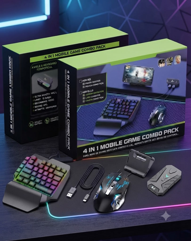 4-in-1 Mobile Gaming Combo Pack – RGB One-Handed Keyboard, Gaming Mouse, Converter & Stand – Nafees Gadgets