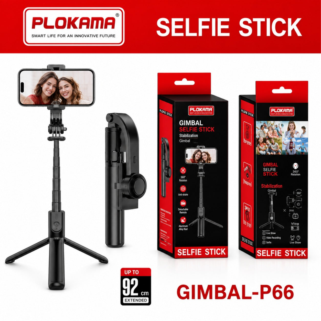 Plokama Gimbal Selfie Stick P66 (Up to 92cm, 360° Rotation, Anti-Shake,Tripod)