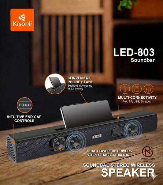 Kisonli LED-803 Wireless Soundbar - Stereo Bluetooth Speaker with Phone Holder
