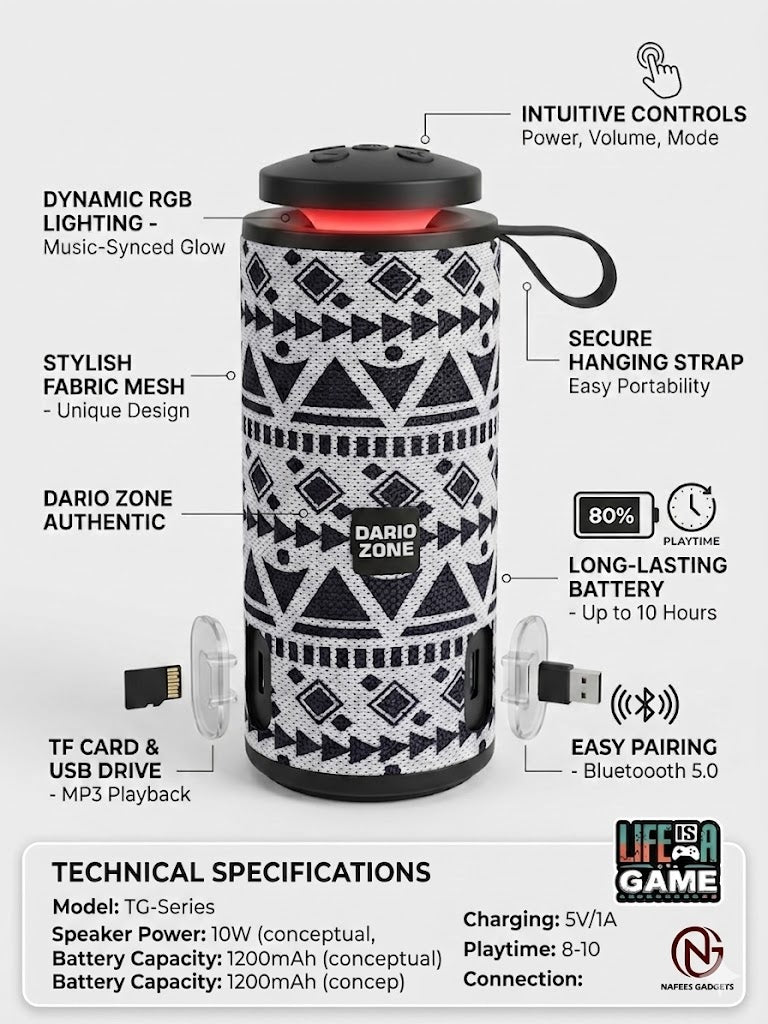 Dario Zone TG-Series Portable Bluetooth Speaker - Stylish Fabric Design with RGB Lights