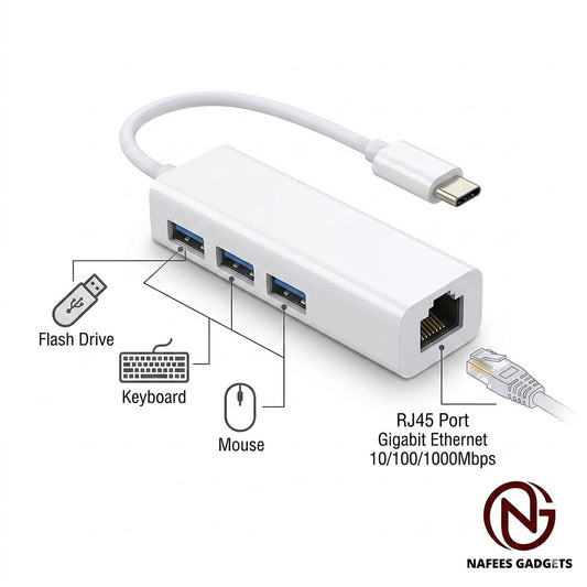 USB-C to 3-Port USB 3.0 Hub & Gigabit Ethernet LAN Network Adapter