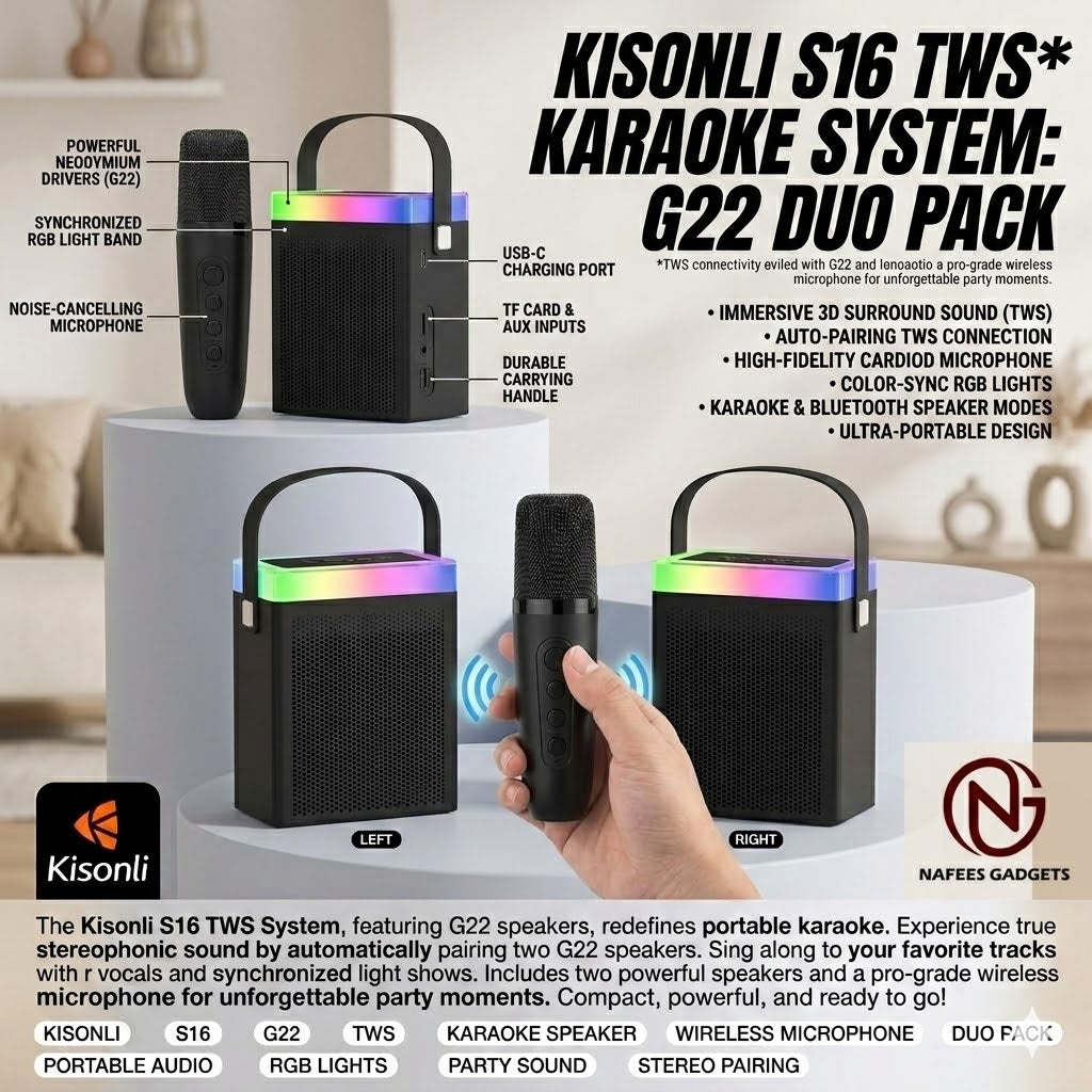 Kisonli G22 Mini Karaoke TWS Speaker with Wireless Mic & Dynamic RGB Lights