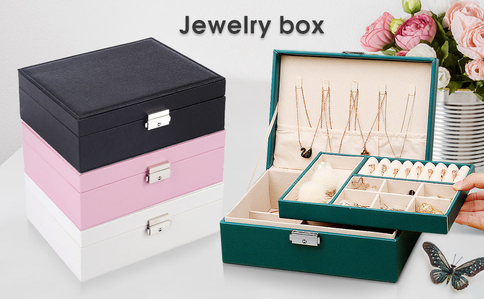 Elegant 2-Layer Leather Jewelry Organizer Box with Lock - Portable Jewelry Case for Earrings, Rings, Necklaces & Bracelets