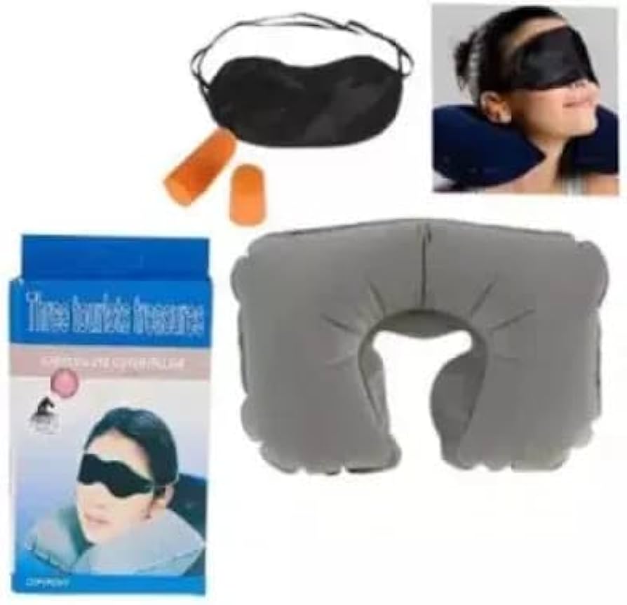 Premium 3-in-1 Travel Comfort Set: Inflatable Neck Pillow, Soft Eye Mask & Earplugs for Travel & Sleep – Nafees Gadgets