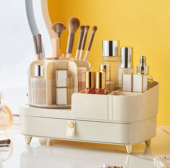 Brushes Holder with Rotatable Compartments Organizer - Beige