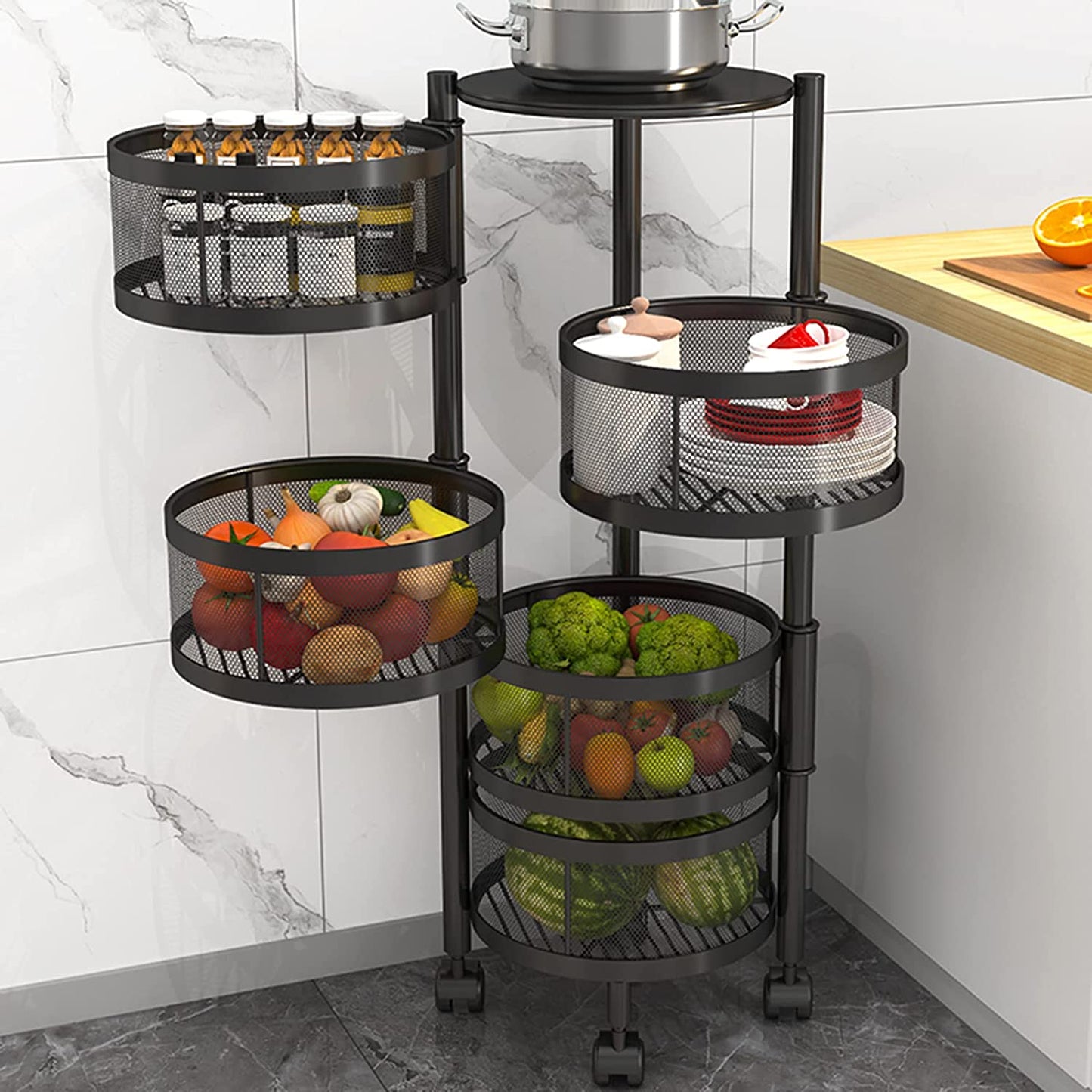 5-Layer Rotating Kitchen Organizer Rack - Vegetable & Fruit Storage Trolley with Wheels - Black