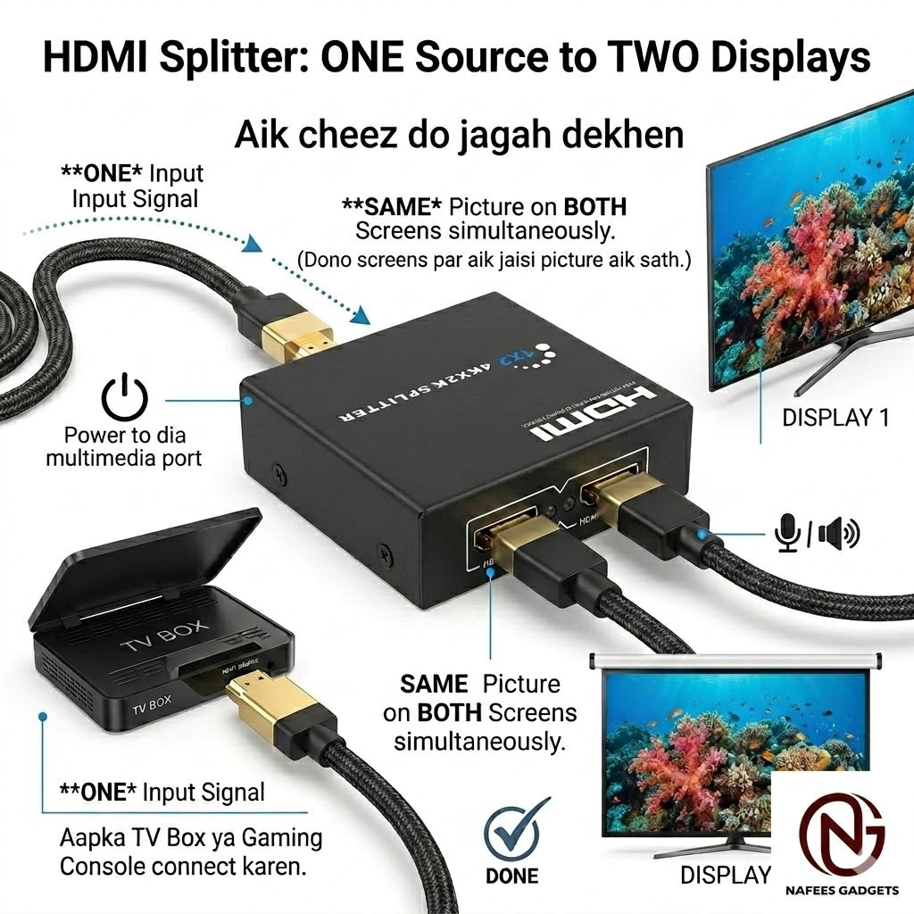 1x2 HDMI Splitter 4Kx2K Ultra HD Ultra High Definition 1 Input 2 Output Dual Display Powered Switcher