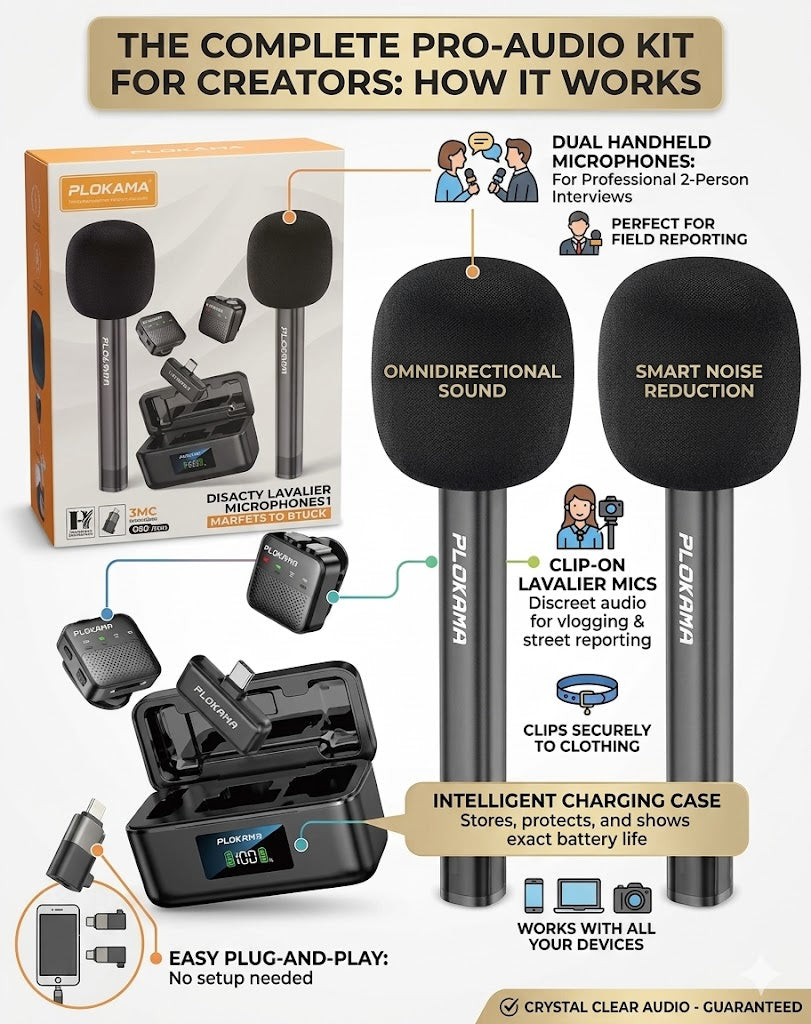 PLOKAMA WM80 Dual Wireless Lavalier Microphone with Digital Display Charging Case - Noise Reduction Mic for Vlogging & Interviews