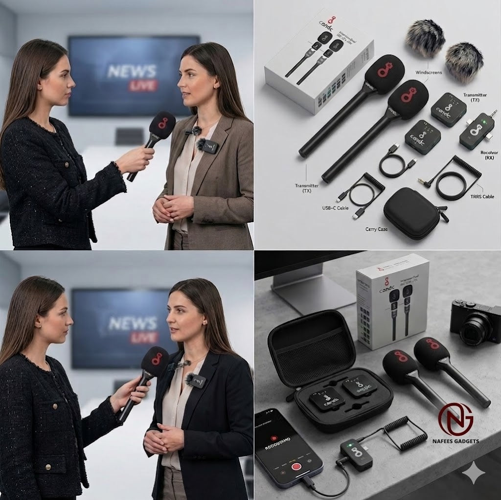 Candc Professional Dual Wireless Interview Microphone - 2TX + 1RX Wireless Mic for Journalists, Vloggers & Content Creators