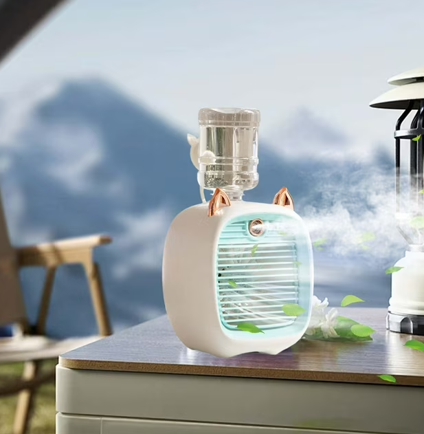 Portable Mini Air Cooler & Humidifier Fan – Rechargeable Desktop Water Mist Fan with Night Light & Cute Cat Ears Design