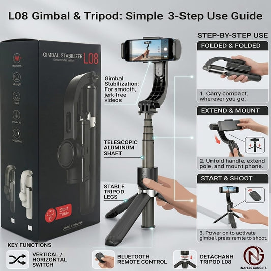 L08 Handheld Gimbal Stabilizer with Bluetooth Selfie Stick Tripod – Professional Anti-Shake Single Axis Gimbal for Smartphones