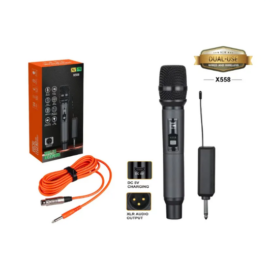 Professional Wireless Microphone X558 - Dual Mode (Wired & Wireless) Handheld Mic with Rechargeable Receiver for Events, Karaoke & Speeches
