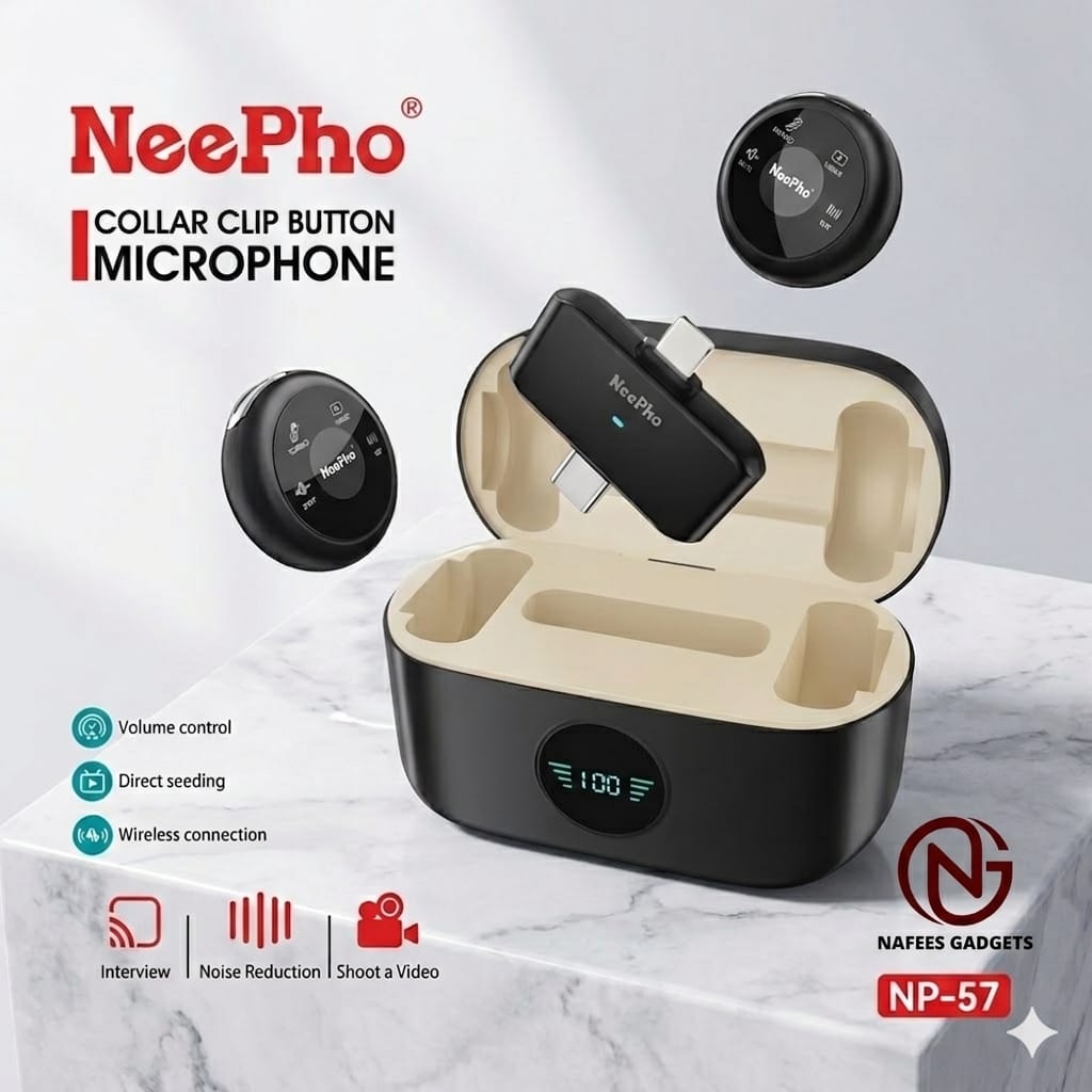 NeePho NP-57 Wireless Collar Clip Button Microphone | Professional Noise Reduction Dual Mic with Digital Charging Case | Plug & Play Mic for Vlogging, Interviews & Live Streaming