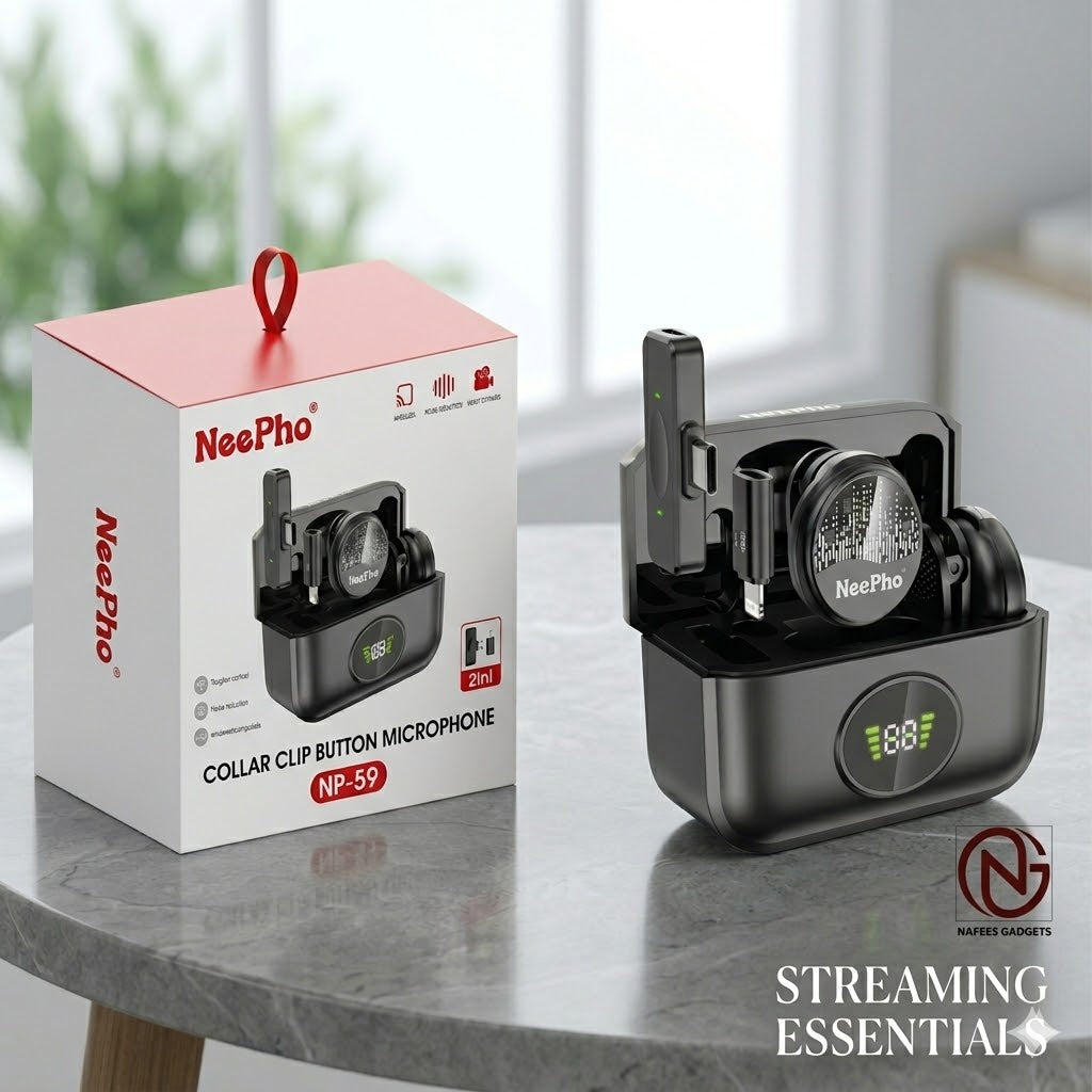 NeePho NP-59 Wireless Collar Clip Button Microphone - 2-in-1 Dual Mic with Digital Display Charging Case
