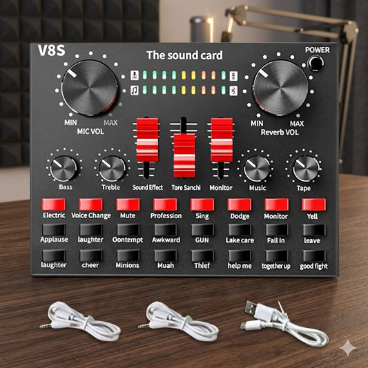 V8S Live Sound Card with Dual Input Cables & Charging Kit - Professional Audio Mixer for Streaming, Recording, and Podcasts