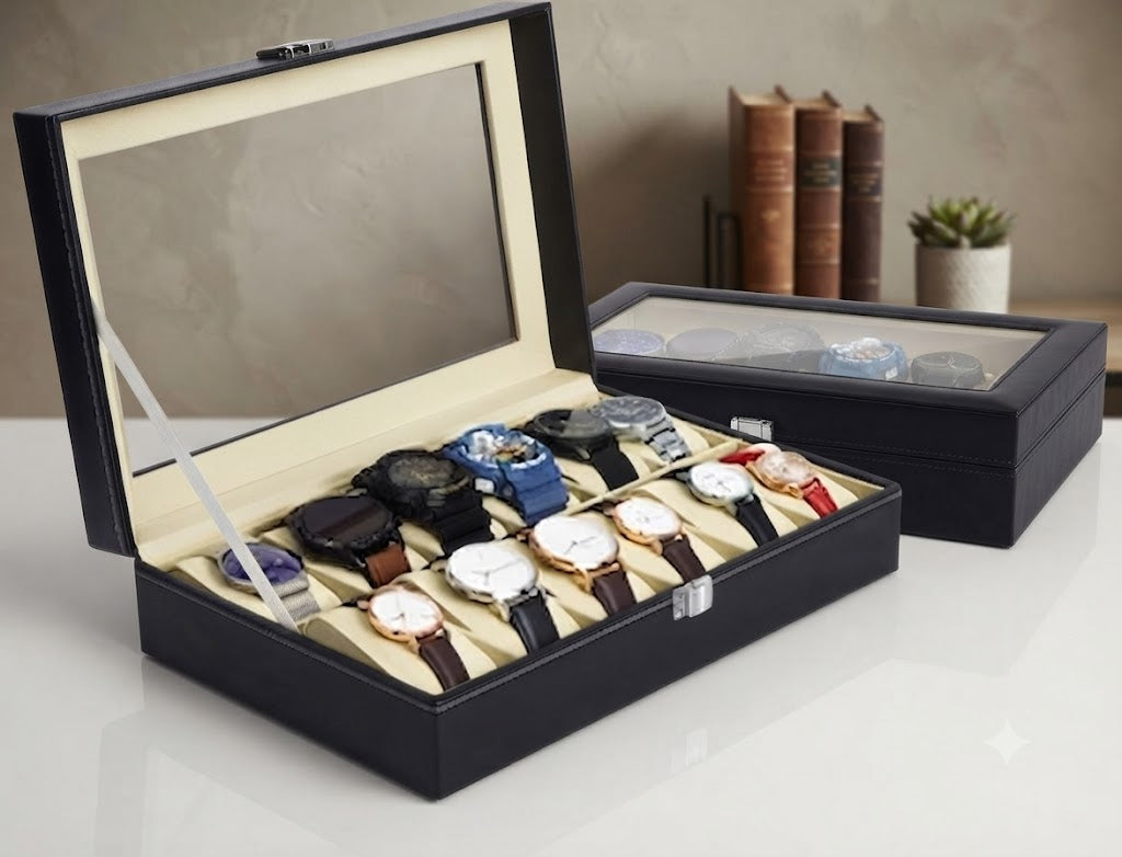 Premium Watch Display Box Leather Watch Storage Case with Glass Lid & Secure Lock