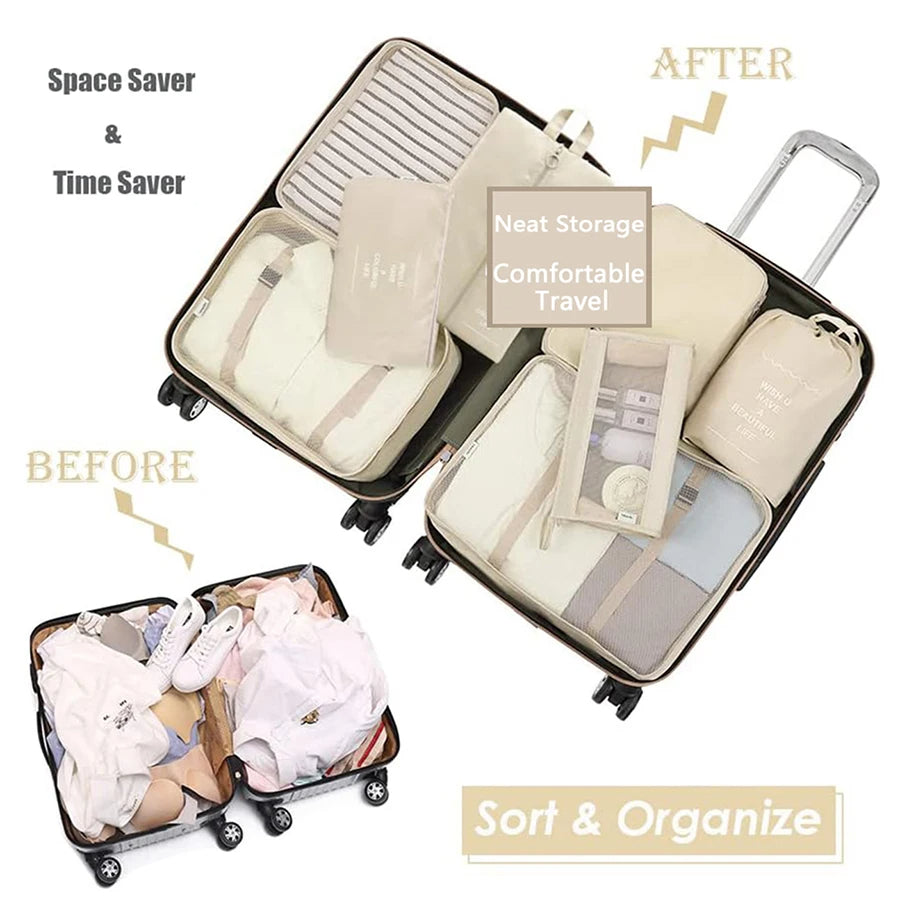 8pcs/Set Travel Storage Bag – Portable Luggage Organizer Clothes Tidy Pouch Zip Cube & Toiletry Bag – Multi