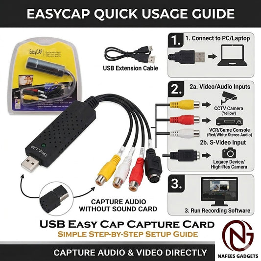 EasyCap USB Video Capture Card Adapter with Audio | RCA to USB Cable for Laptop & PC