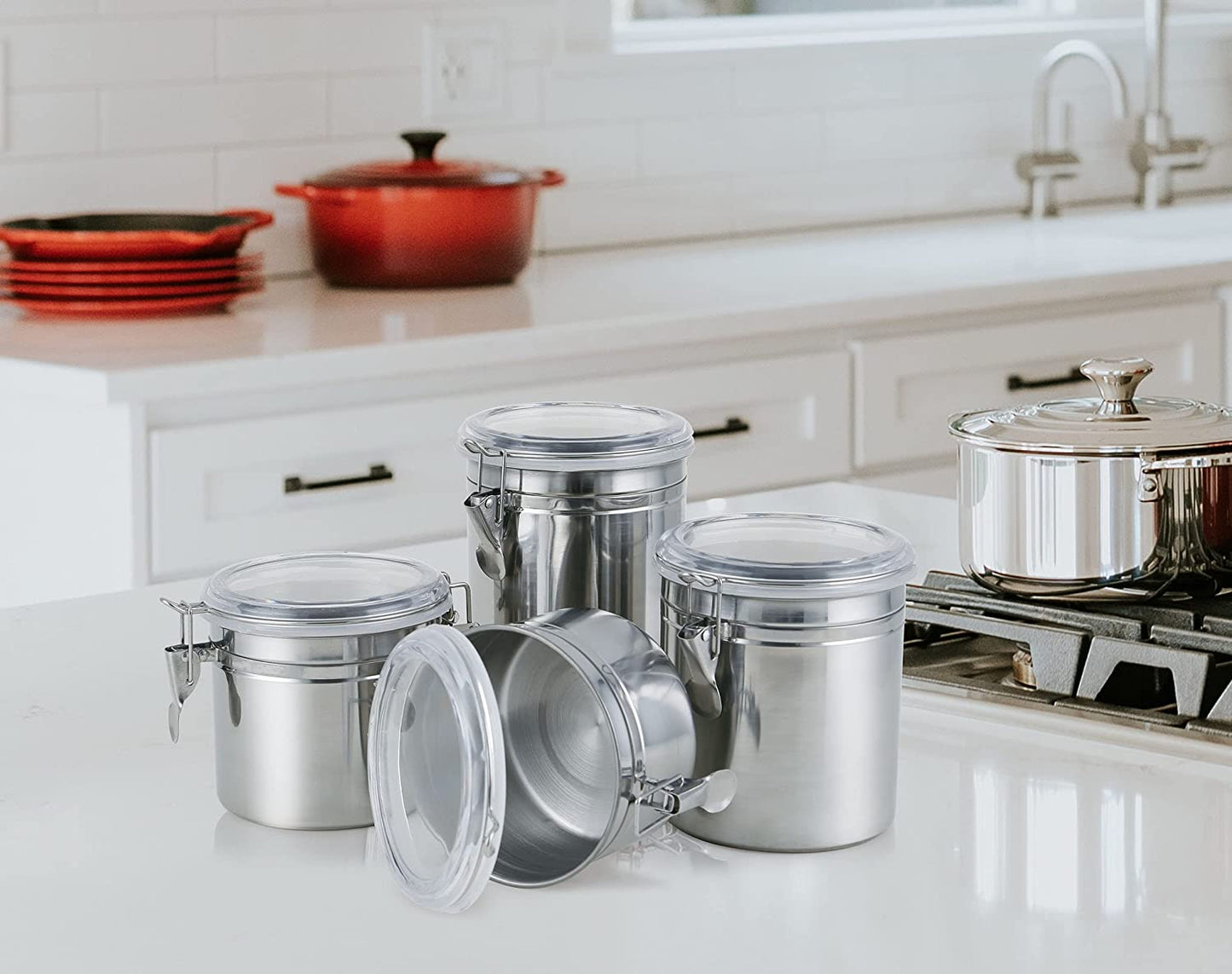 4Piece Stainless Steel Airtight Food Storage Canister Set with Clear Lid Cover Canister Sets for Kitchen Counter for Sugar, Flour, Tea, Candy, Cookie, Spice, Storage Canister Set