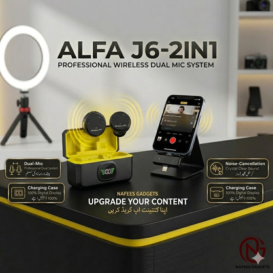 Alfa J6-2IN1 Wireless Microphone - Professional Dual Mic System with Charging Case & Noise Cancellation