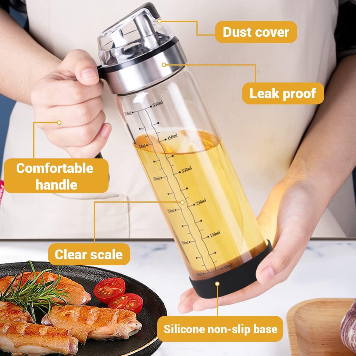 High Glass Oil Dispenser Jug with Automatic Cap 500 ml Kitchen Oil and Vinegar Cruet for Cooking No Drip Pouring Spout Liquid Container for Olive Oil Soy Sauce