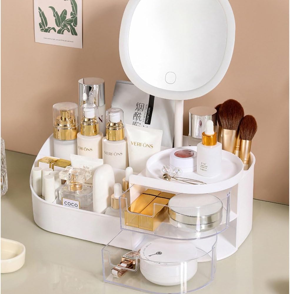 Makeup Organizer Storage double Drawers with LED Light Large Capacity Box for Lipsticks Bathroom and Bedroom Desk Cosmetics for Skin Care Organizer