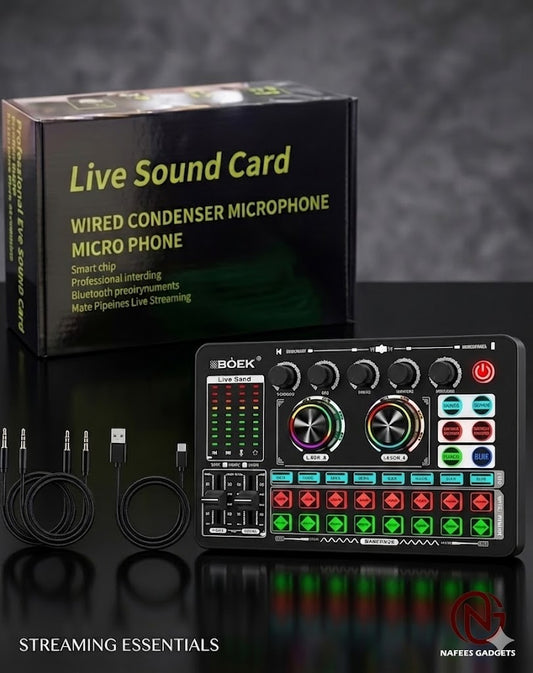 V8 Live Sound Card & Wired Condenser Microphone Bundle - Professional Audio Mixer for Streaming, Podcasting & Recording