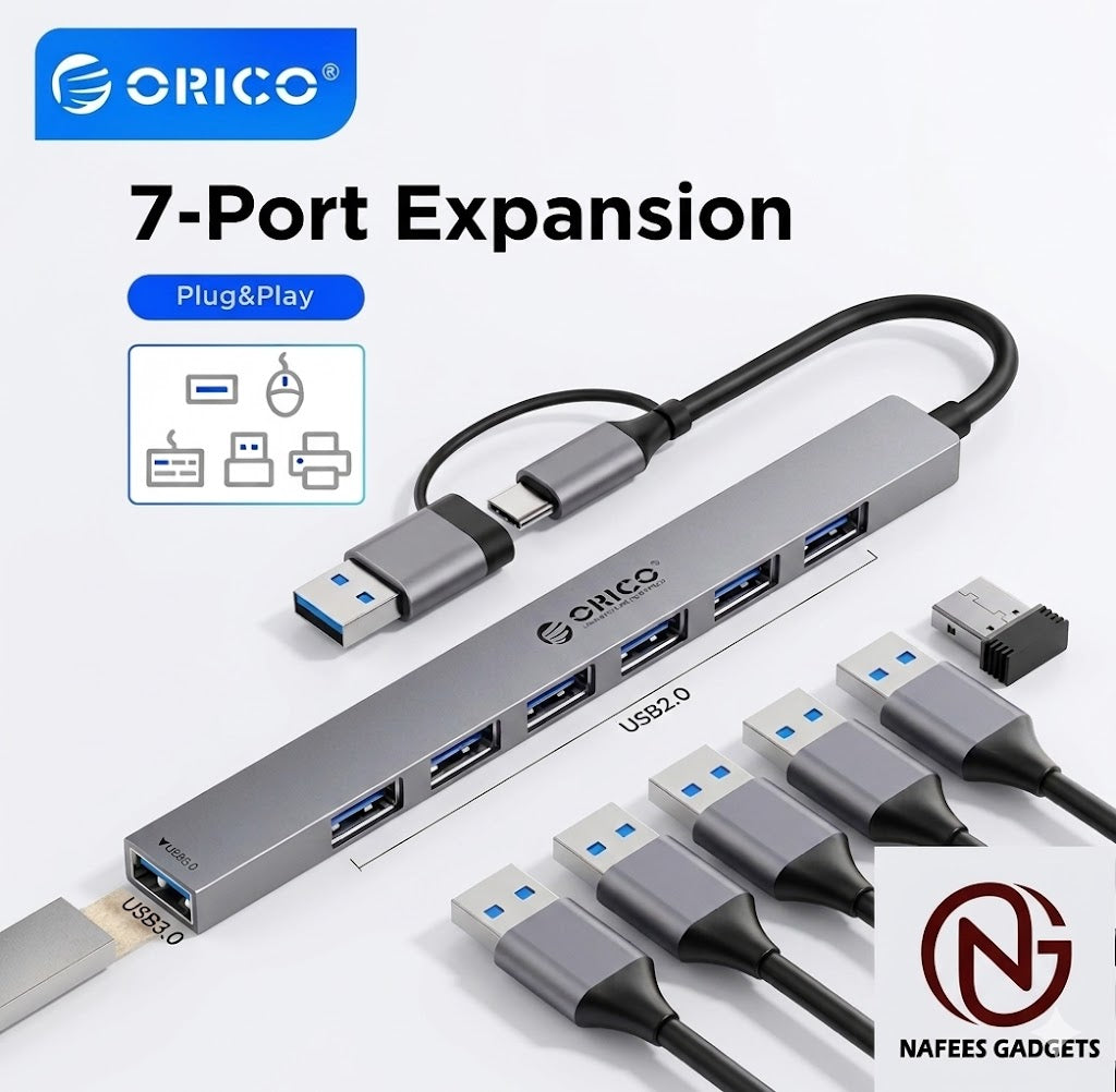 Orico 7 Port USB Hub Multi Splitter 2-in-1 Type-C & USB 3.0 Adapter Extension