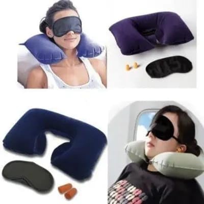 Premium 3-in-1 Travel Comfort Set: Inflatable Neck Pillow, Soft Eye Mask & Earplugs for Travel & Sleep – Nafees Gadgets