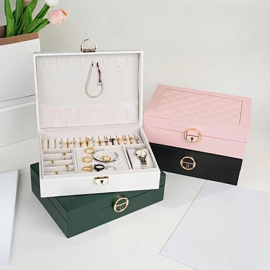 Jewelry Organizer Box Leather with Golden Handles, Includes Compartments for Necklaces, Earrings, Rings, and Watches - Ideal Gift for Organizing and Displaying Precious Jewelry, Jewelry Organizer Elegant Storage Box Durable Storage Box