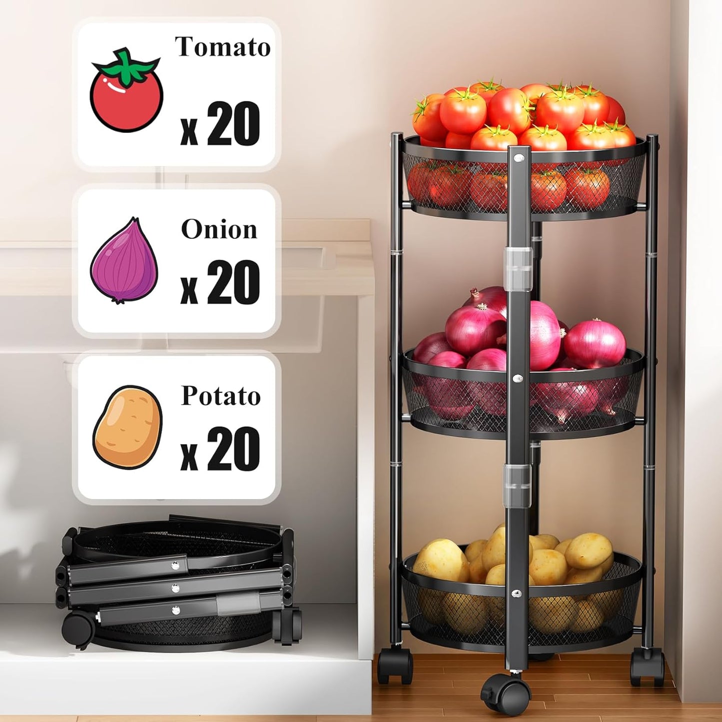 Wheel Tire Rotating Vegetable Shelf Organizer Kitchen Rotating Multi-Layer Kitchen Shelf Rotating Vegetable Rack on Wheels Floor Standing Layer Rack Fruit Basket