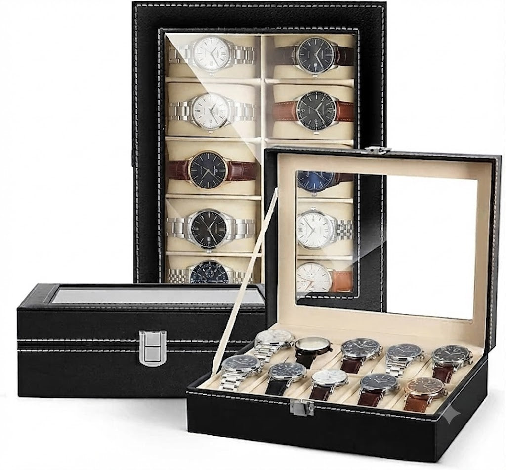 Premium Watch Display Box Leather Watch Storage Case with Glass Lid & Secure Lock
