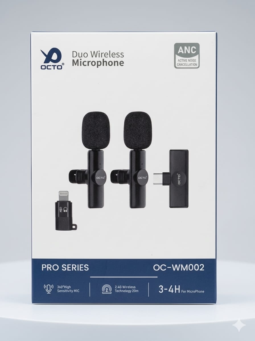 OCTO Pro Series Duo Wireless Microphone (OC-WM002) – 2-in-1 ANC Mic for Vlogging & Interviews (iPhone & Type-C)