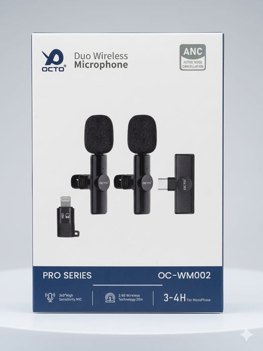 OCTO Pro Series Duo Wireless Microphone (OC-WM002) – 2-in-1 ANC Mic for Vlogging & Interviews (iPhone & Type-C)