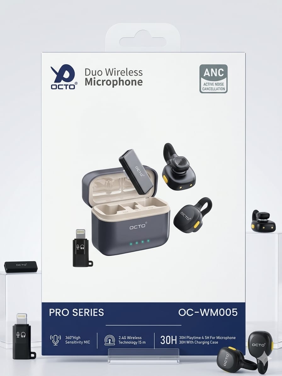 OCTO Pro Series OC-WM005 Duo Wireless Microphone – Ear-Clip Design, 30H Playtime & Crystal Clear ANC Sound