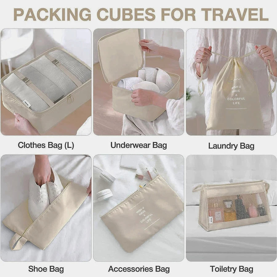 8pcs/Set Travel Storage Bag – Portable Luggage Organizer Clothes Tidy Pouch Zip Cube & Toiletry Bag – Multi