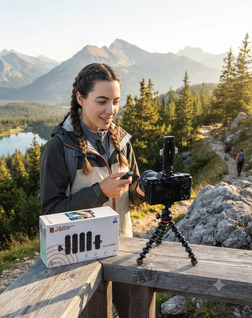 J88 4-in-1 Wireless Microphone System - Rechargeable Lavalier Mic with Display for Vlogging, YouTube & Interviews