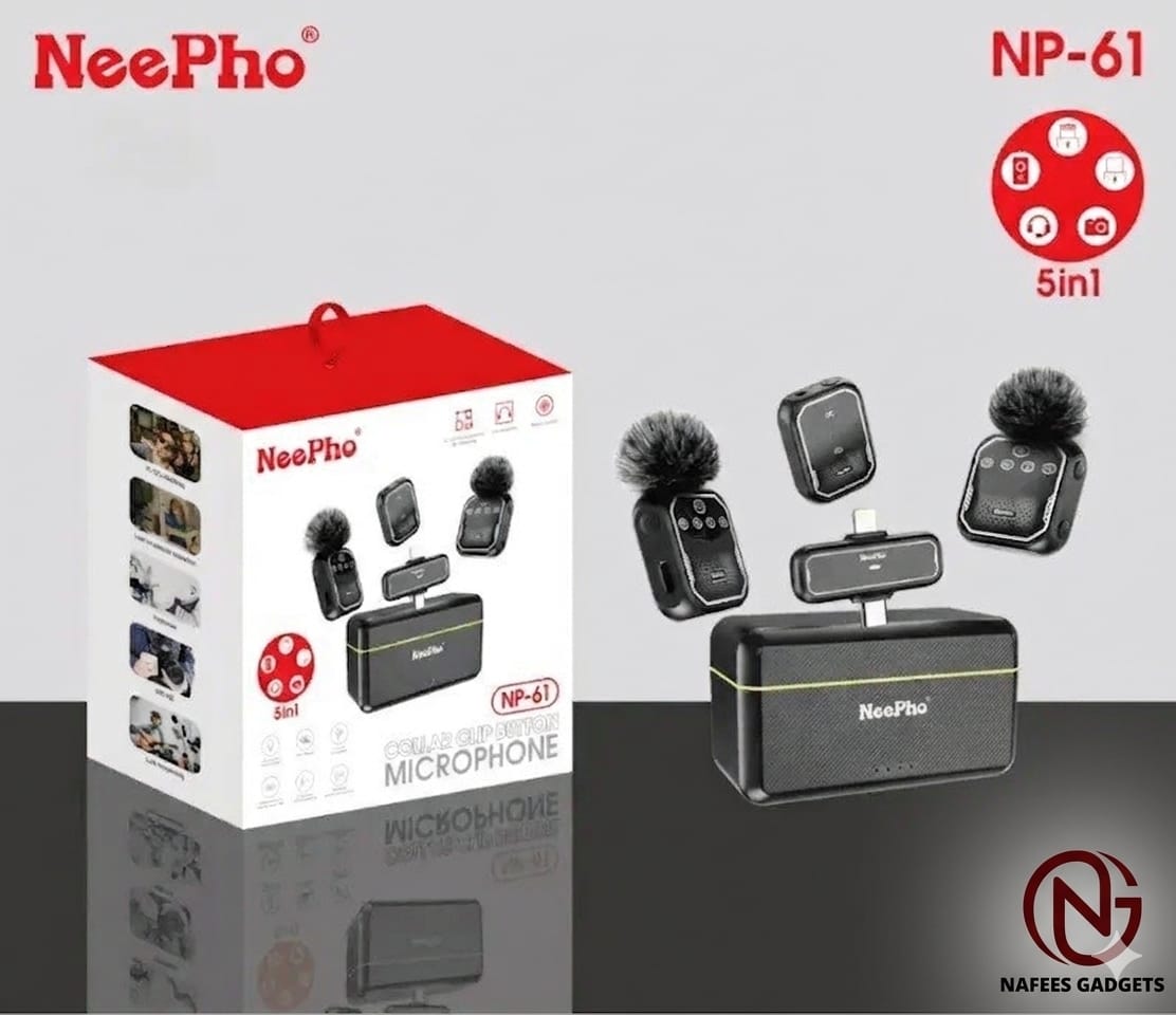 NeePho NP-61 Wireless Collar Microphone - 5-in-1 Dual Mic System for Vlogging, Interviews & Live Streaming (Type-C & iOS Compatible)