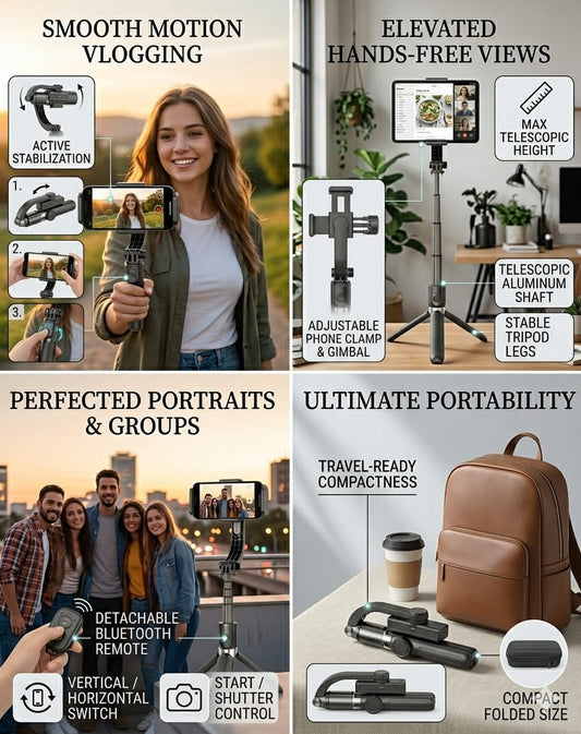 L08 Handheld Gimbal Stabilizer with Bluetooth Selfie Stick Tripod – Professional Anti-Shake Single Axis Gimbal for Smartphones