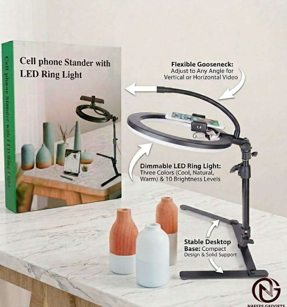 Professional Cell Phone Stand with LED Ring Light – Perfect for Vlogging & Content Creation