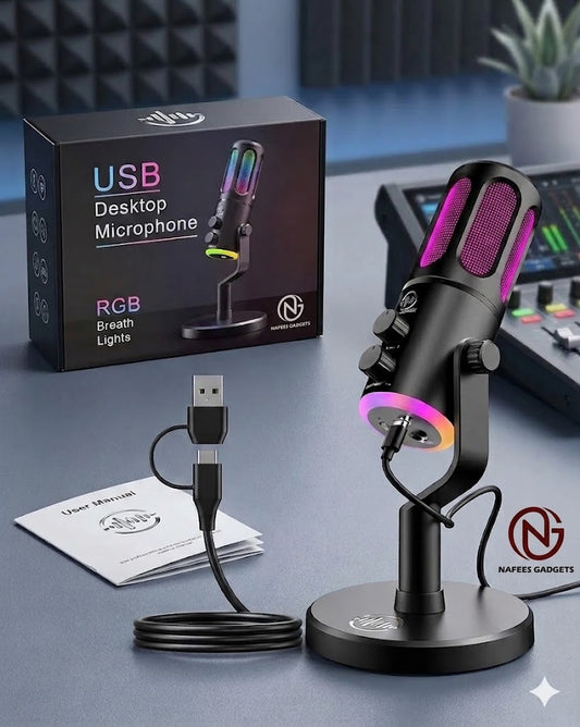 USB Desktop Microphone with RGB Lights – Plug & Play Mic for PC & Laptop