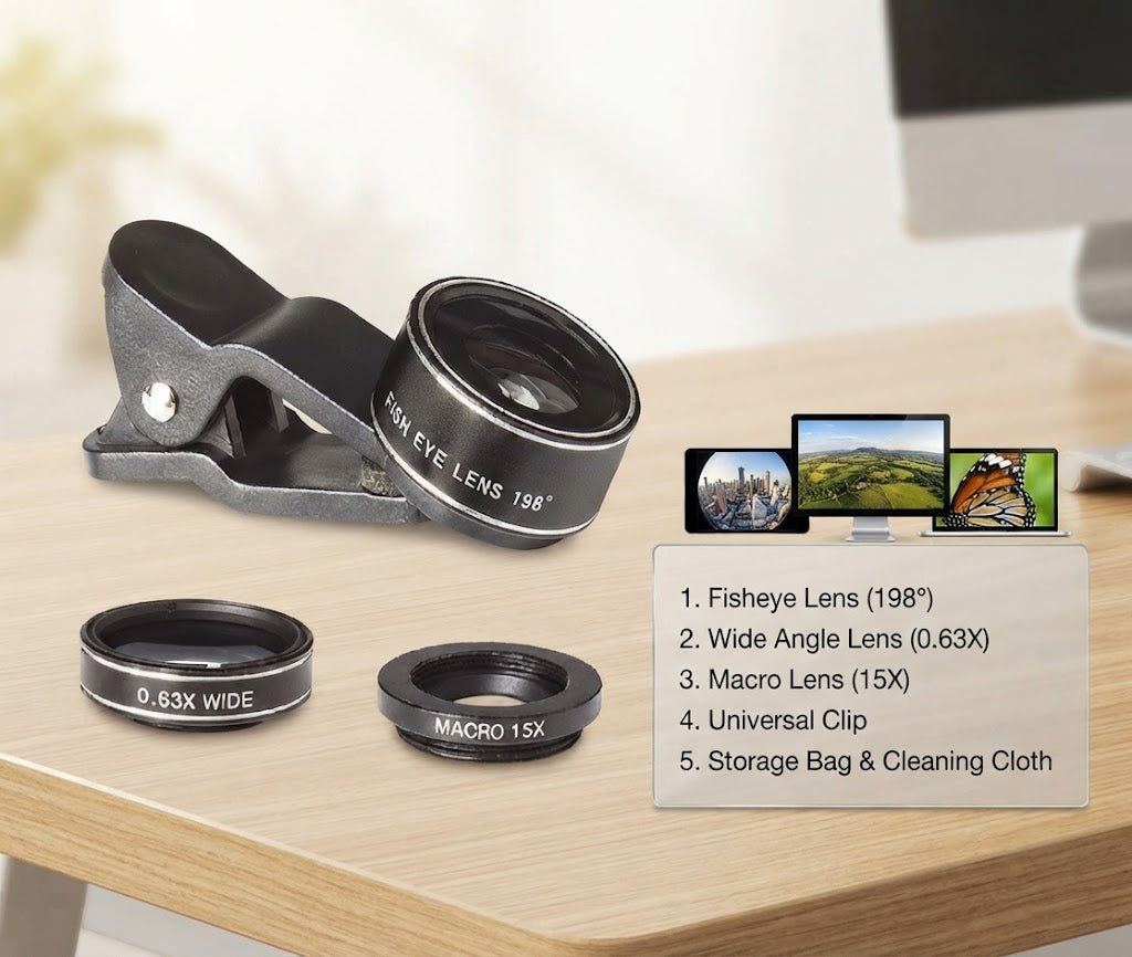 3-in-1 Universal Smartphone Camera Lens Kit - Fisheye, Wide Angle & Macro 0.63X wide-angle