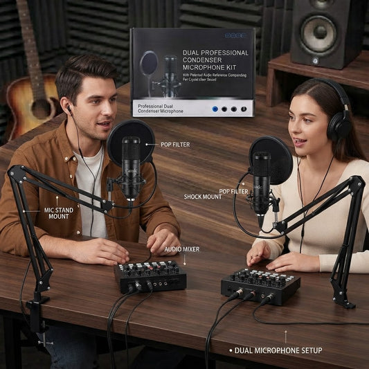 Candc Dual Professional Condenser Microphone Kit with Sound Card, Studio Recording Arm & Shock Mount for Streaming, Gaming & Podcasting