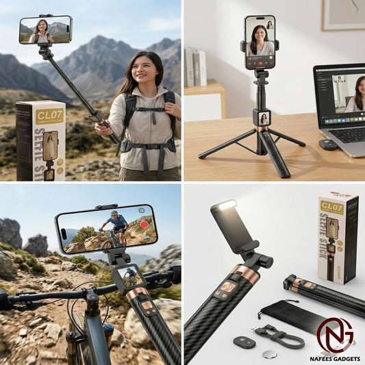 CL07 Aluminum Bluetooth Selfie Stick Tripod with Remote & Dual Screen Preview Mirror - Portable Foldable Stand for Vlogging